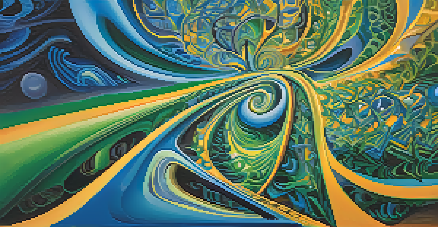 An abstract image depicting swirling colors and geometric patterns representing the effects of DMT, with vibrant blue, green, and gold hues.