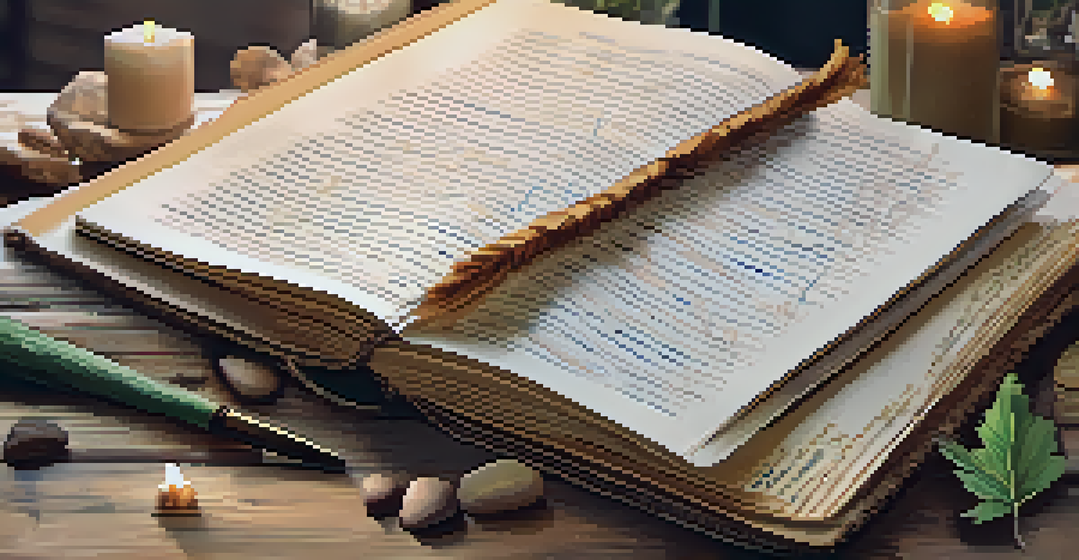 An open handcrafted journal on a wooden table, filled with notes and surrounded by natural elements like stones and leaves.