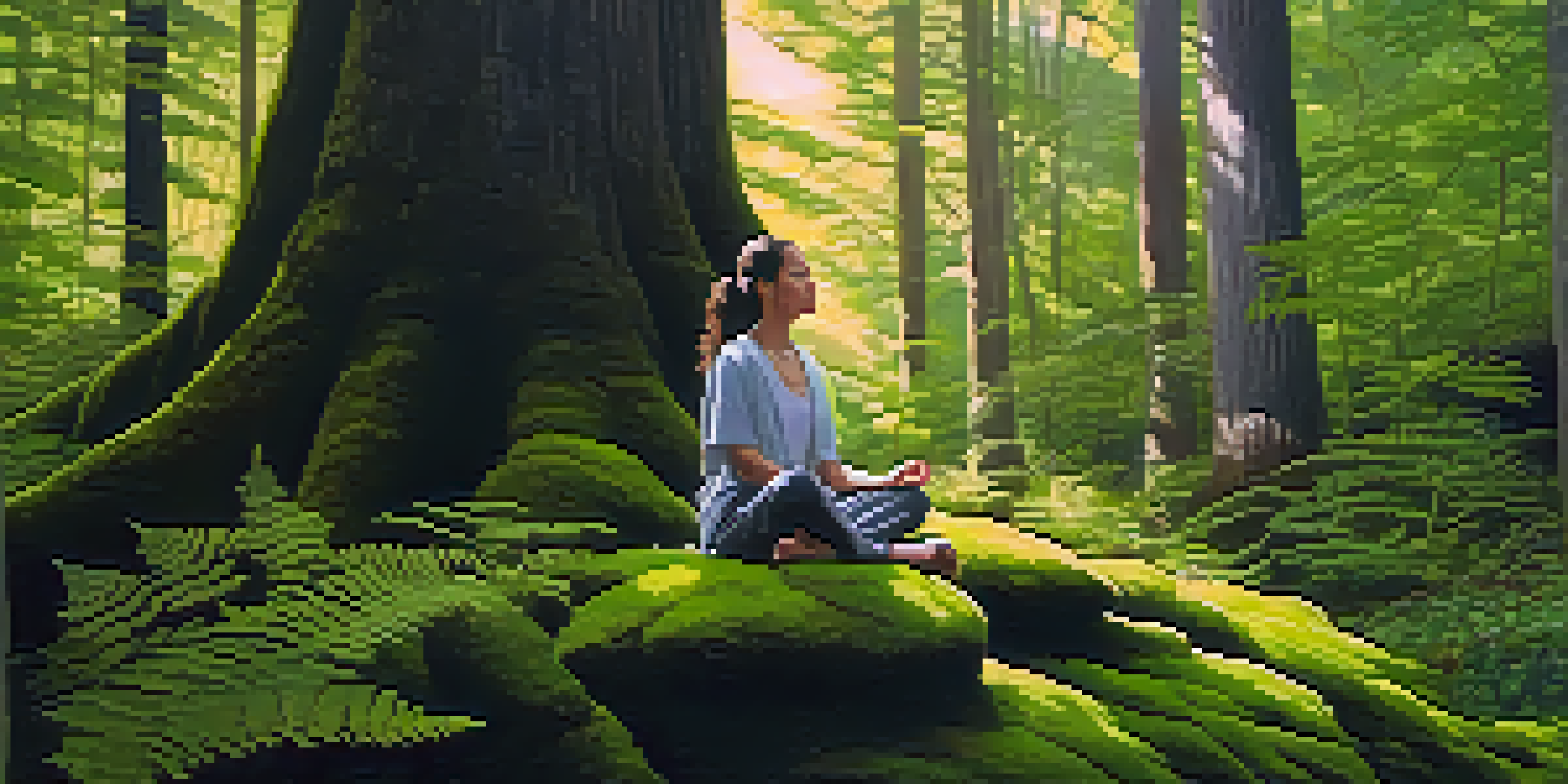 A person meditating on a moss-covered rock in a lush green forest, with sunlight filtering through the trees.