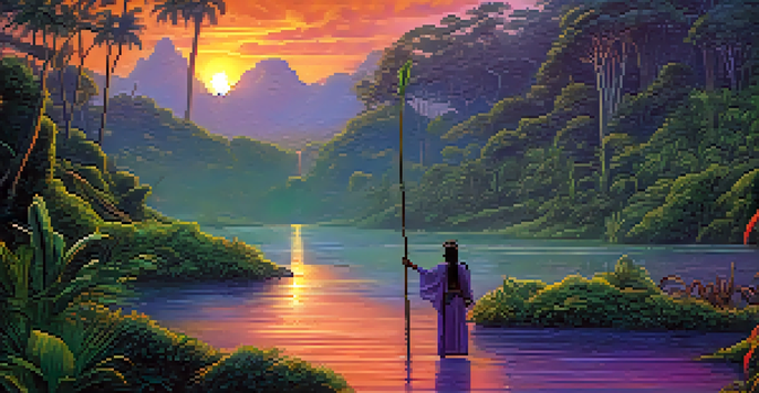 A peaceful Amazon rainforest during dusk with a shaman conducting an Ayahuasca ceremony and animal spirits subtly visible.