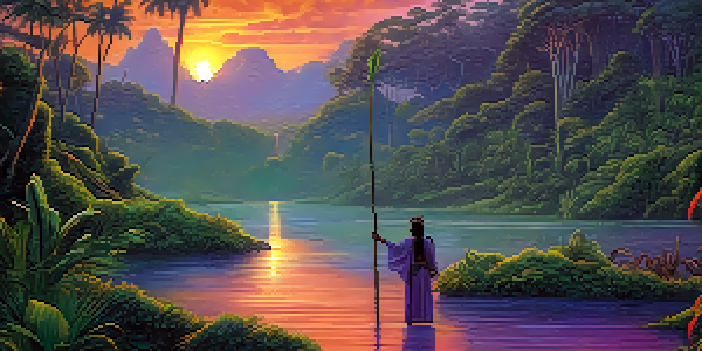 A peaceful Amazon rainforest during dusk with a shaman conducting an Ayahuasca ceremony and animal spirits subtly visible.