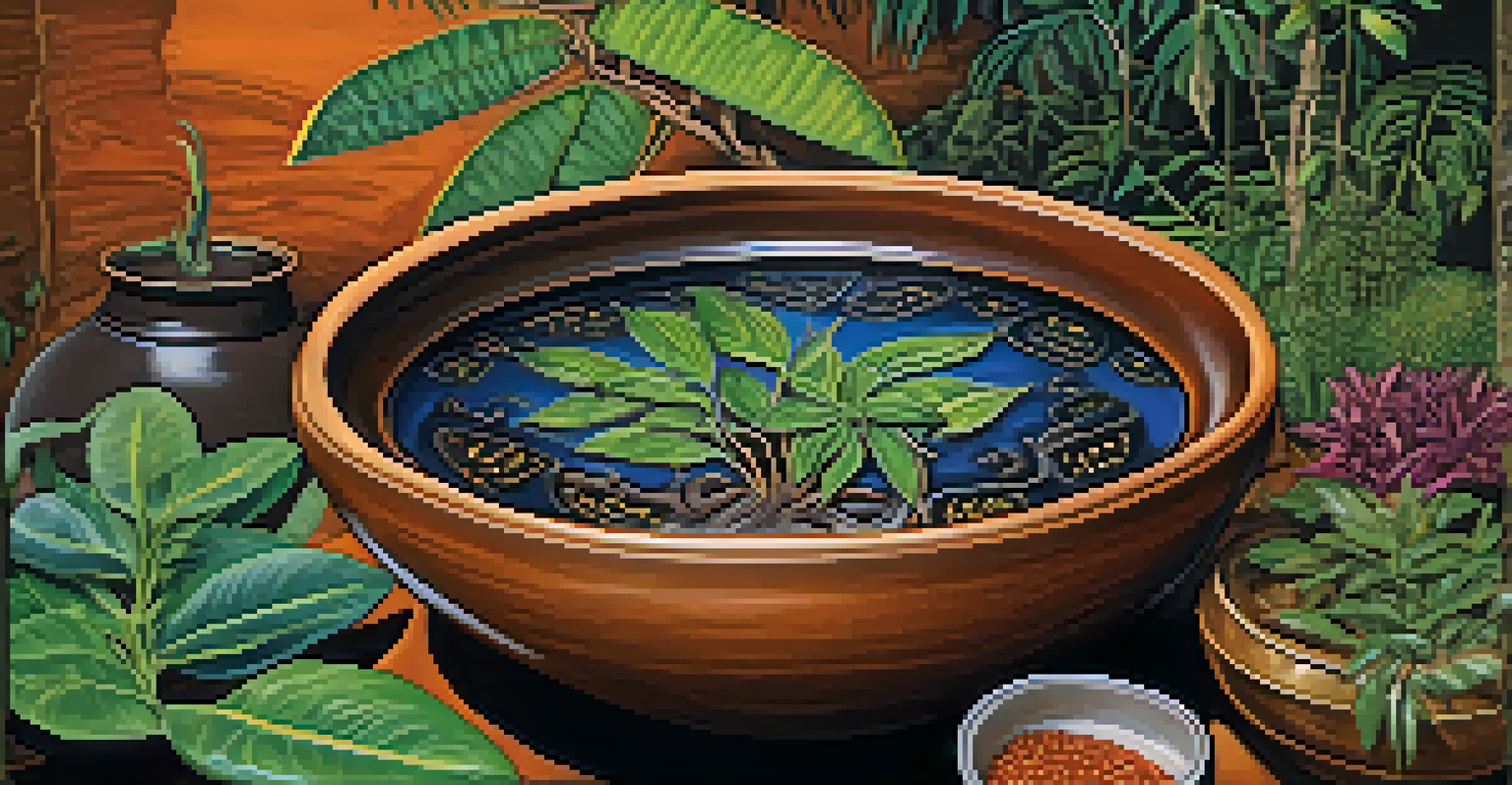 A close-up of ayahuasca brew in a ceramic bowl, surrounded by Amazonian plants and herbs in a ceremonial setting.