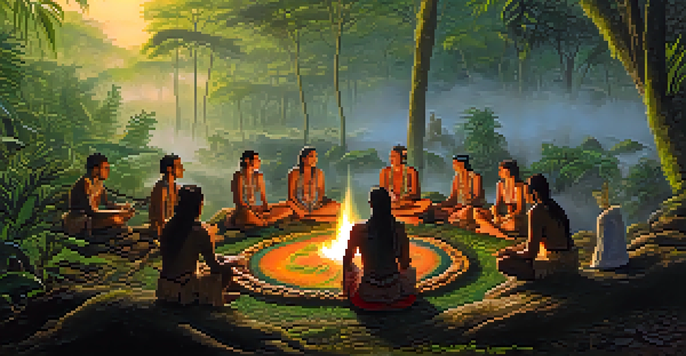 A tranquil Amazon rainforest scene at dawn with participants in a circle around a fire during an Ayahuasca ceremony, guided by a shaman.