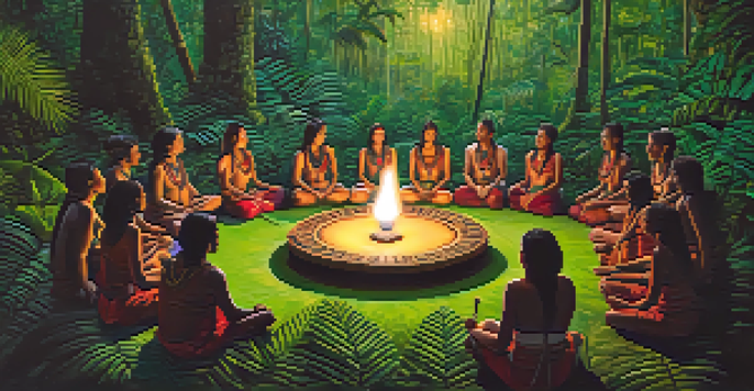A peaceful Ayahuasca ceremony in a rainforest with participants sitting in a circle and a shaman holding a cup.