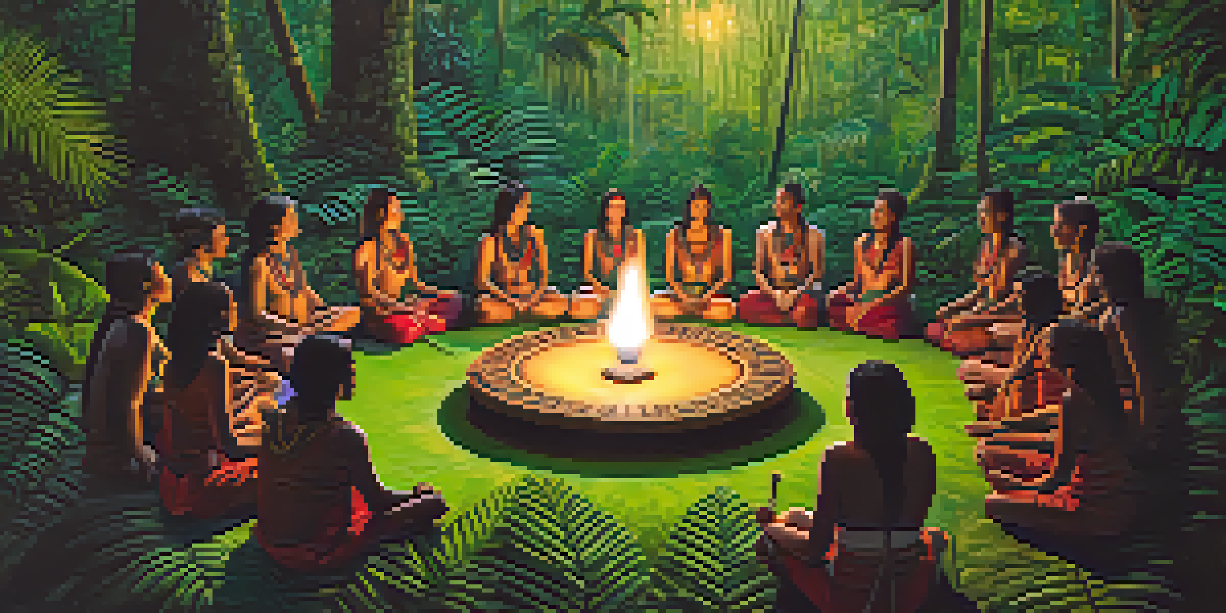 A peaceful Ayahuasca ceremony in a rainforest with participants sitting in a circle and a shaman holding a cup.