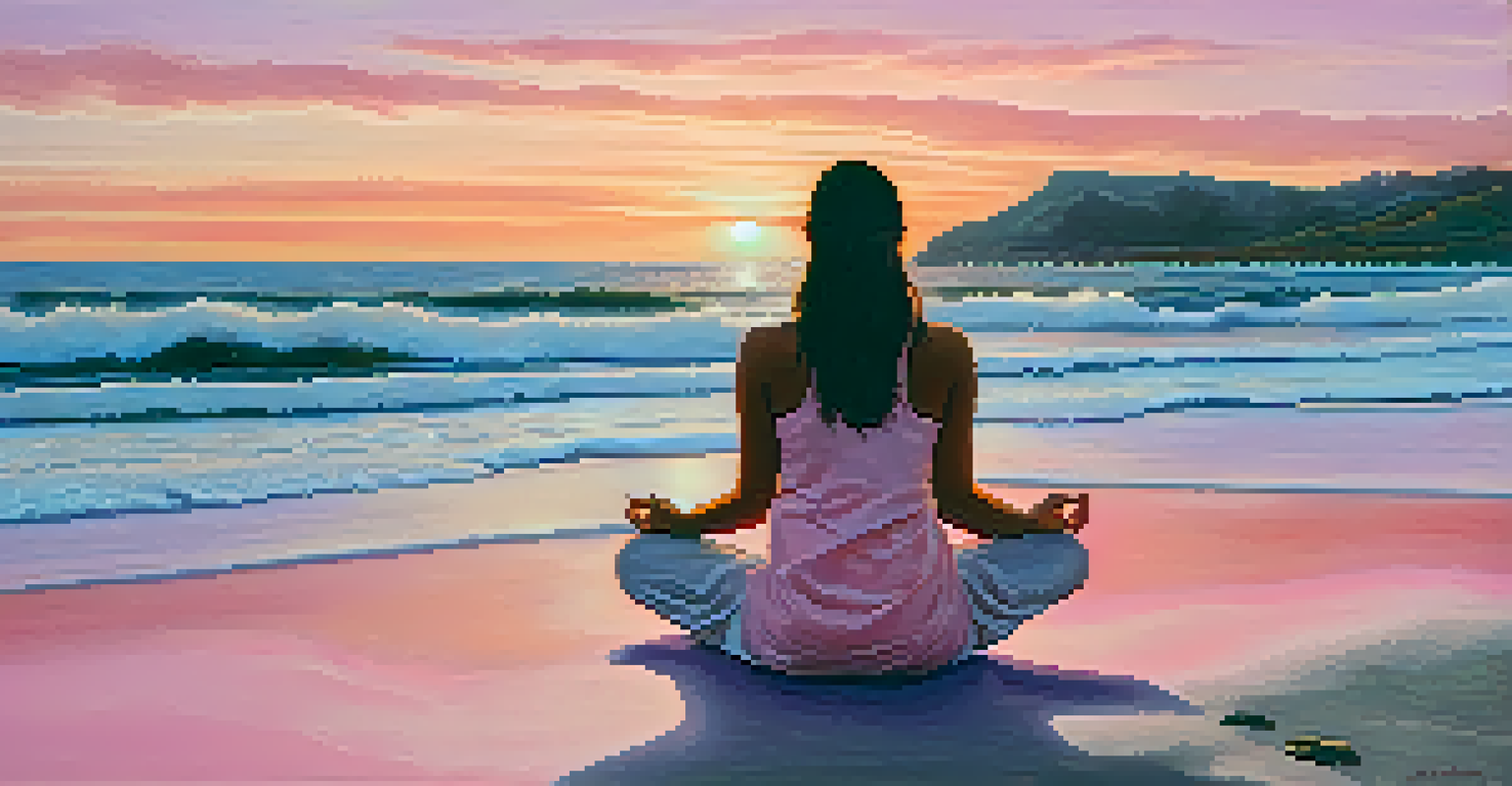 A person practicing breathwork on a beach at sunset, with a peaceful expression.