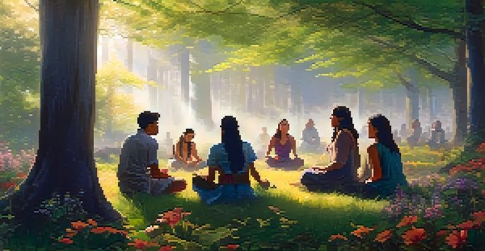 A peaceful forest at sunrise with people sitting in a circle, surrounded by trees and flowers, engaging in a mindful ritual.