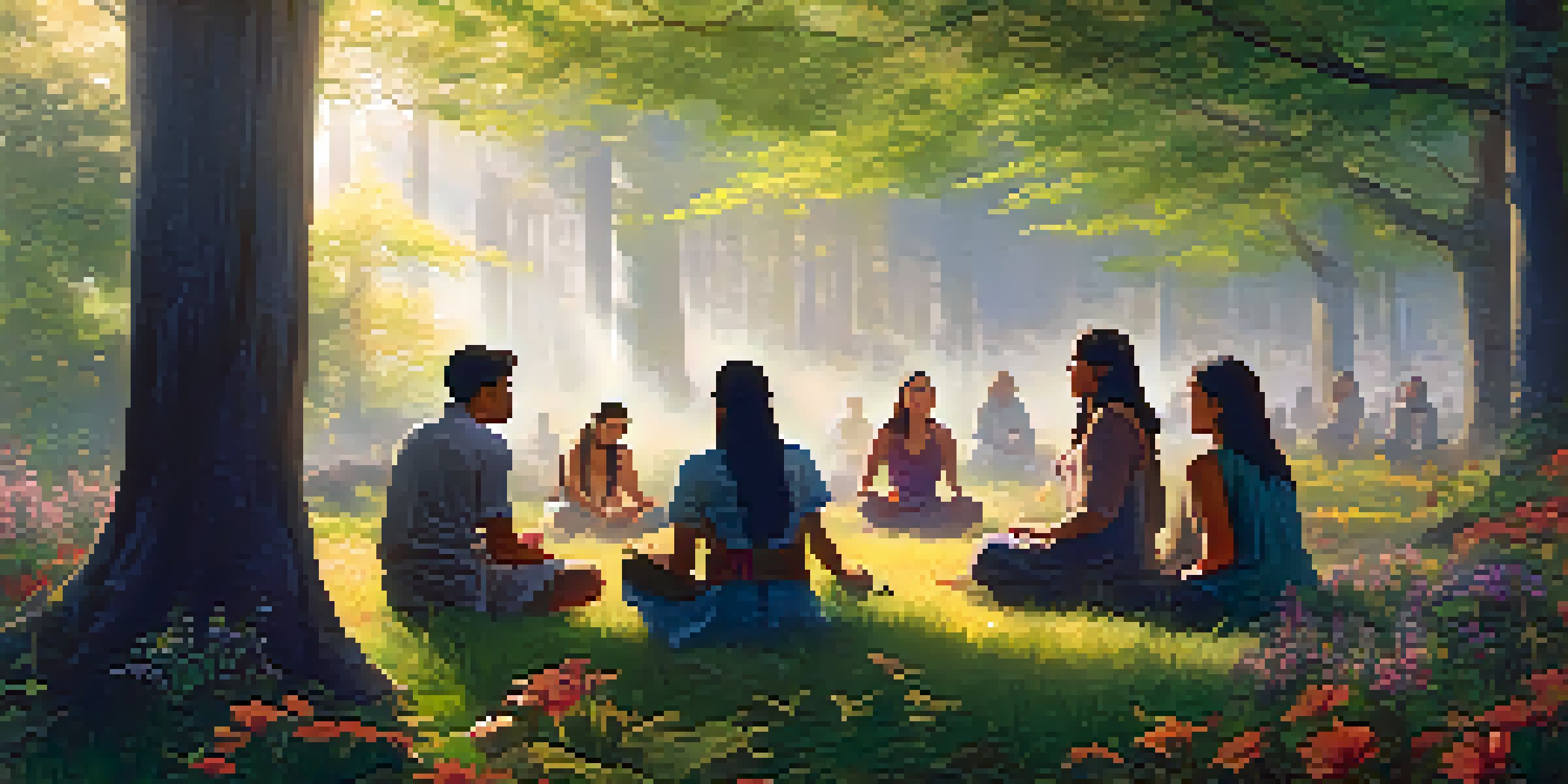 A peaceful forest at sunrise with people sitting in a circle, surrounded by trees and flowers, engaging in a mindful ritual.