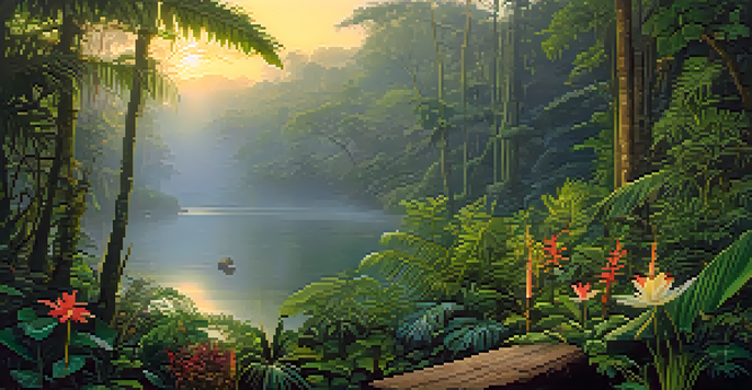 A tranquil Amazon rainforest at dawn with mist, green plants, colorful flowers, and a wooden altar with herbs.