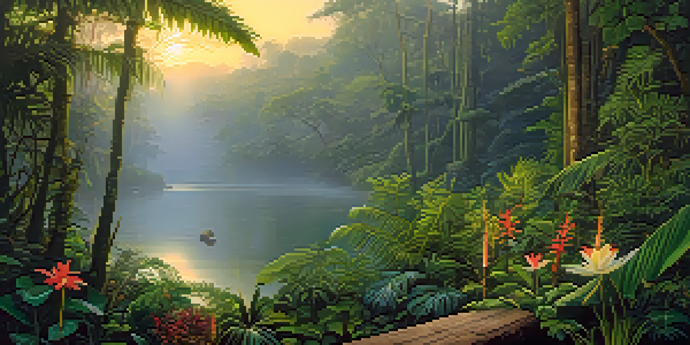 A tranquil Amazon rainforest at dawn with mist, green plants, colorful flowers, and a wooden altar with herbs.