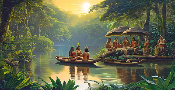 A peaceful Amazon rainforest at sunrise with a river and indigenous people preparing for an ayahuasca ceremony.