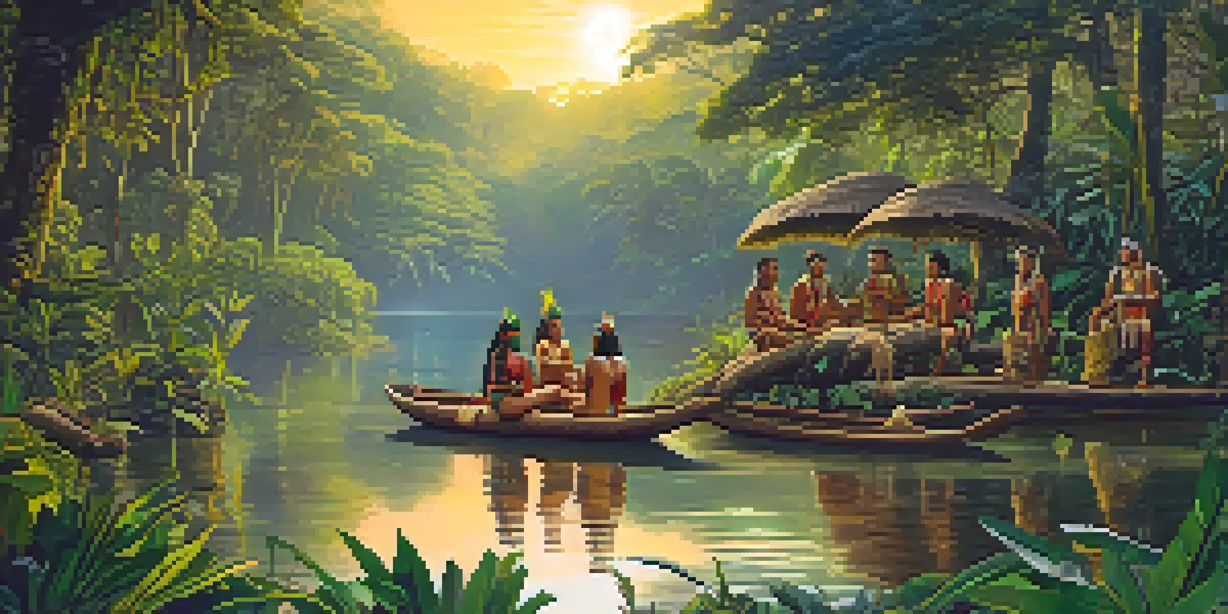 A peaceful Amazon rainforest at sunrise with a river and indigenous people preparing for an ayahuasca ceremony.