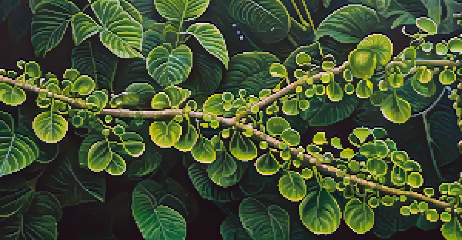 A close-up of the Banisteriopsis caapi vine with dew drops, highlighting its texture against a blurred rainforest background.