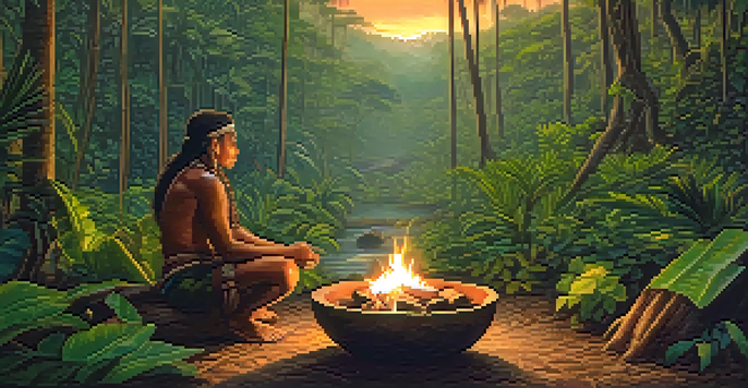 A peaceful Amazon rainforest at dusk with a campfire and a shaman preparing ayahuasca.