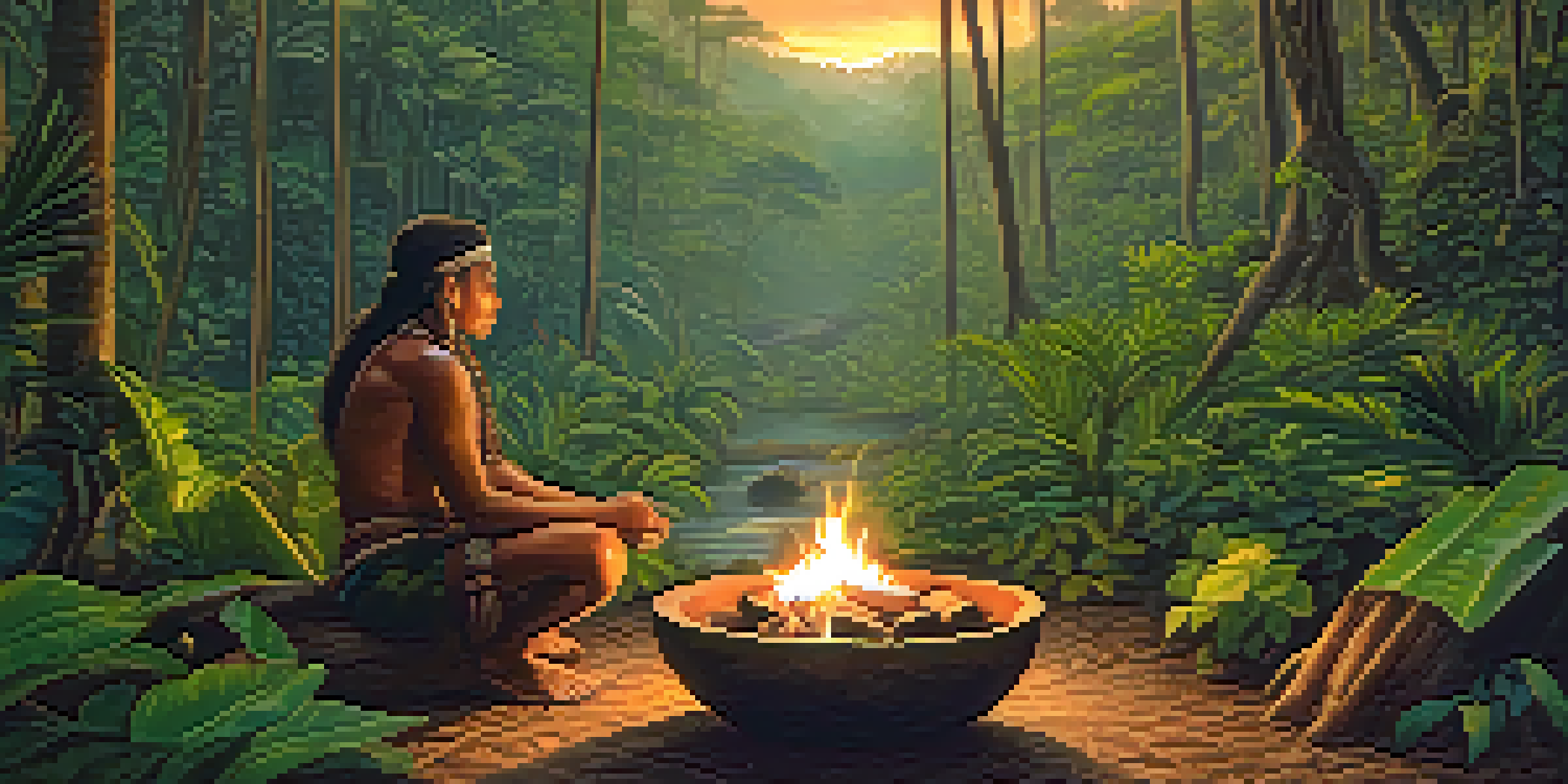 A peaceful Amazon rainforest at dusk with a campfire and a shaman preparing ayahuasca.