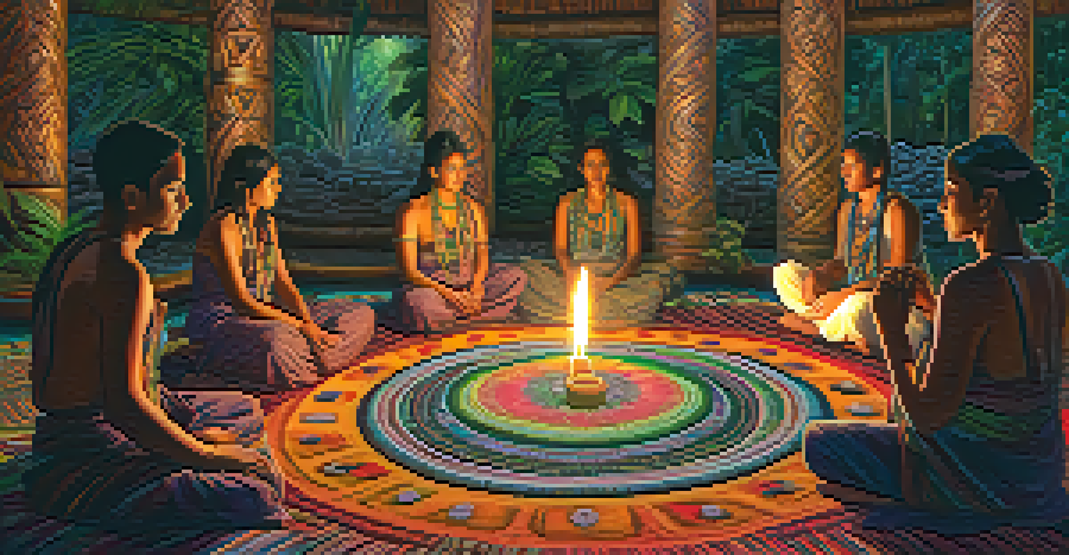 Participants in a circle during an Ayahuasca ceremony, with a ceremonial bowl and candles creating a warm atmosphere.
