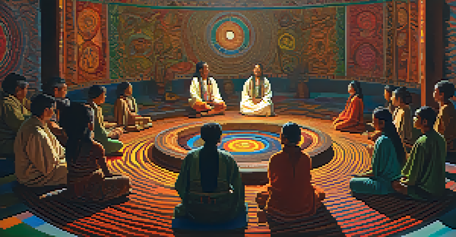 Participants in an ayahuasca ceremony sitting in a circle with candles and a shaman in traditional attire.