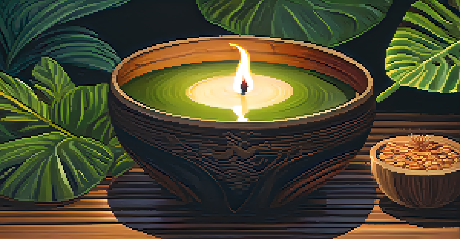 A close-up of ayahuasca brew in a wooden bowl with dark liquid, surrounded by blurred tropical plants and candlelight, suggesting a ceremonial setting.