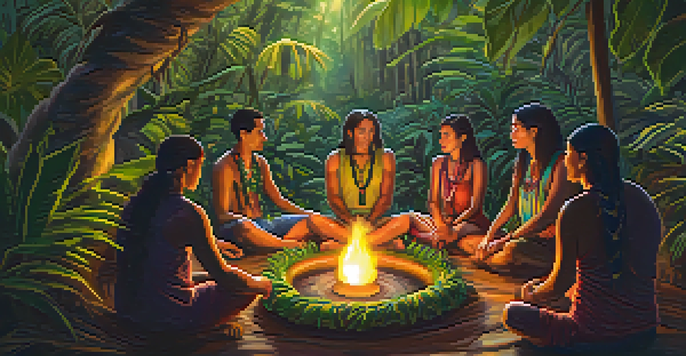A tranquil scene of an Ayahuasca ceremony in a jungle, with participants sitting in a circle around a ceremonial bowl.