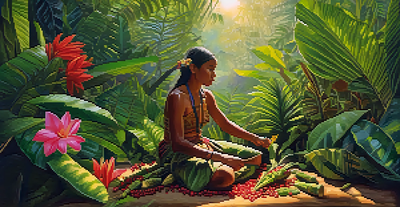 An indigenous person harvesting leaves in the Amazon rainforest, surrounded by colorful plants and flowers.