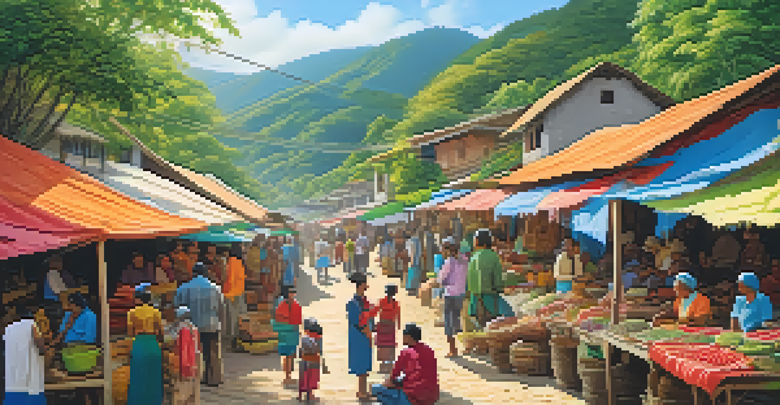 A lively indigenous market with artisans selling crafts and textiles, set against green hills and a blue sky.
