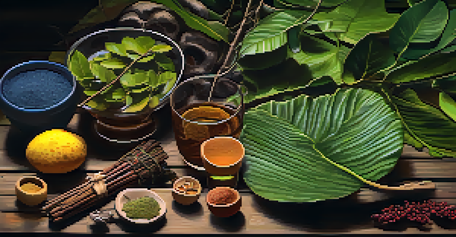 Close-up of traditional Ayahuasca ingredients on a rustic wooden table, showcasing the Banisteriopsis caapi vine and various plants.