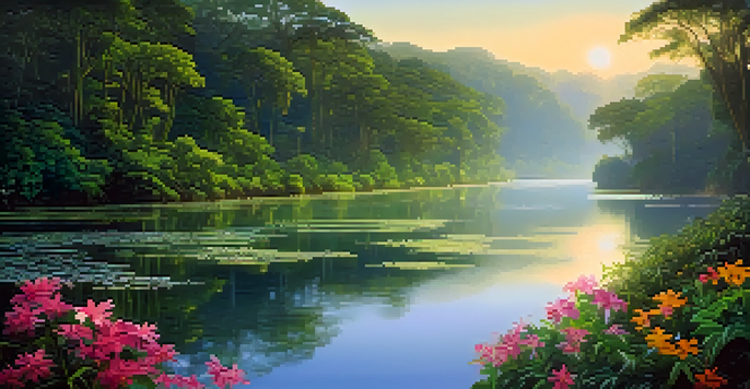 A tranquil Amazon rainforest at sunrise, showcasing lush greenery and a calm river reflecting the sunlight.
