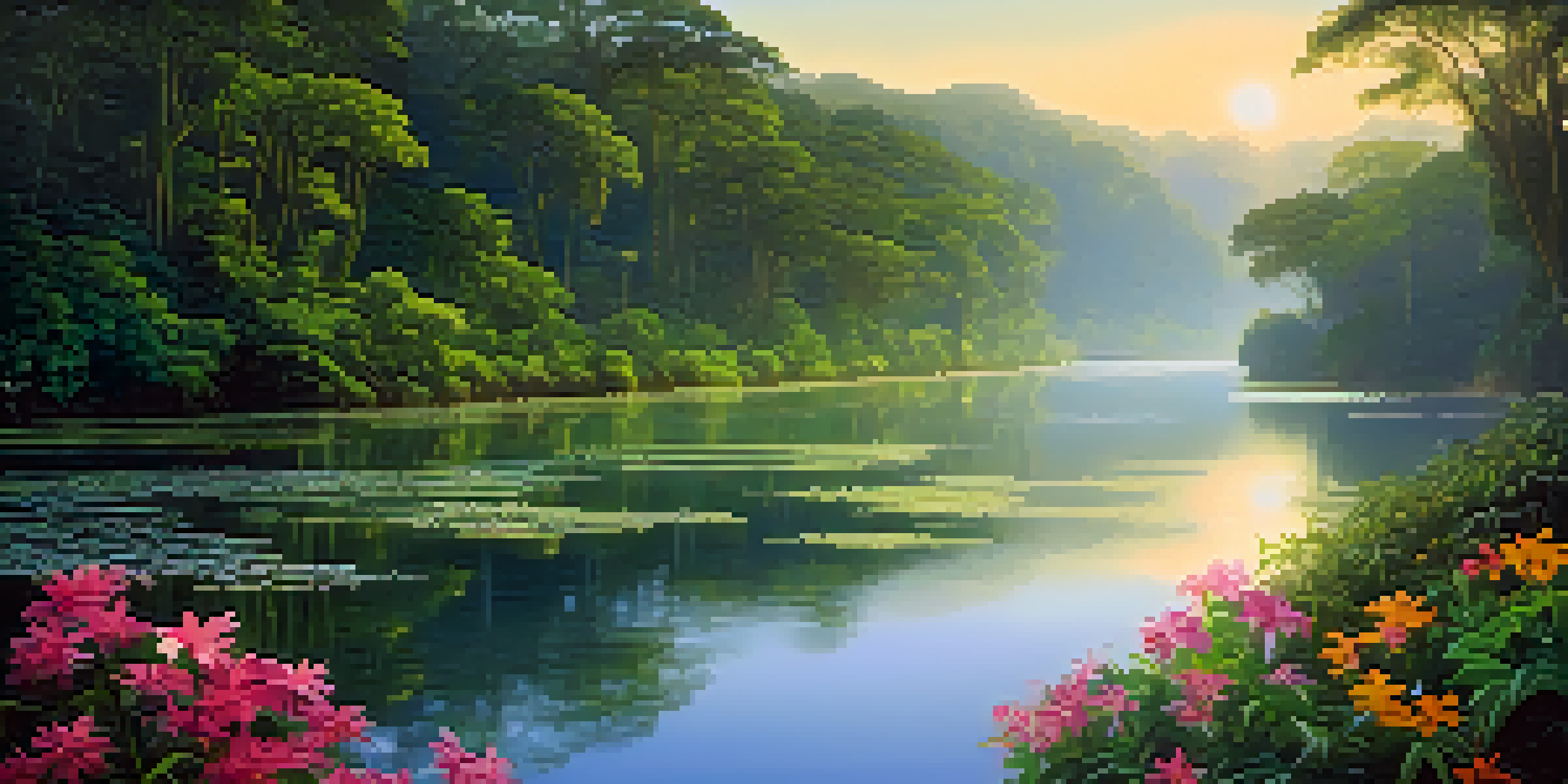A tranquil Amazon rainforest at sunrise, showcasing lush greenery and a calm river reflecting the sunlight.