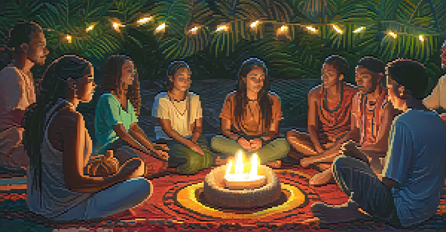 A diverse group of individuals sitting in a circle during an Ayahuasca ceremony, illuminated by soft candlelight, showcasing various emotions.