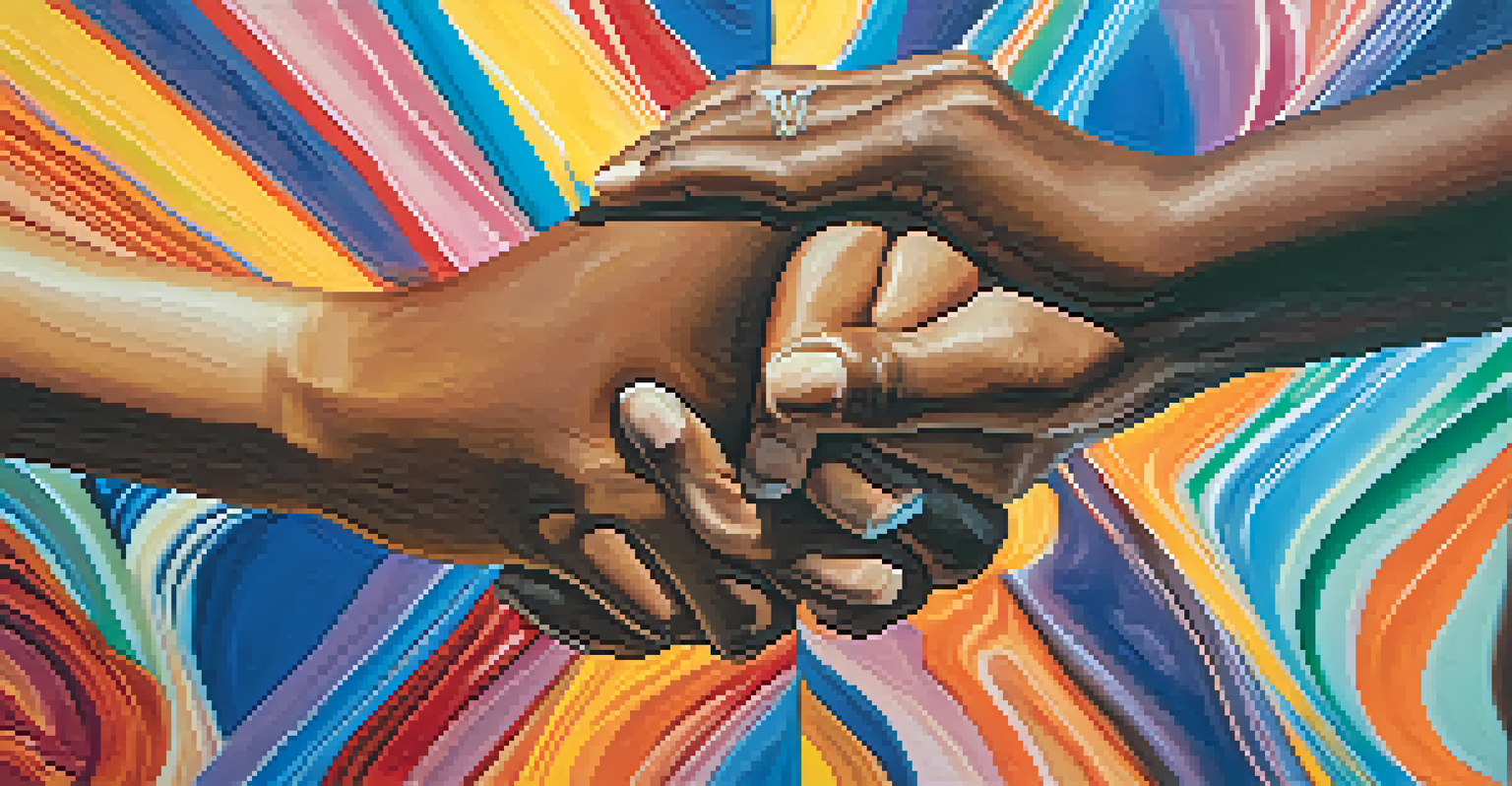 An abstract depiction of empathy with intertwined hands of various skin tones against a colorful background representing connection.
