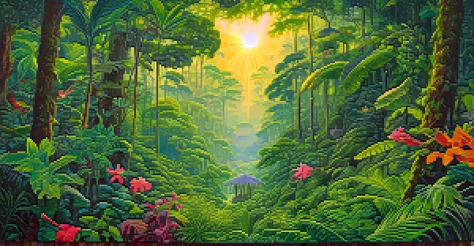A surreal landscape with an artist painting in the Amazon rainforest, surrounded by vibrant plants and colorful swirling patterns inspired by Ayahuasca experiences.