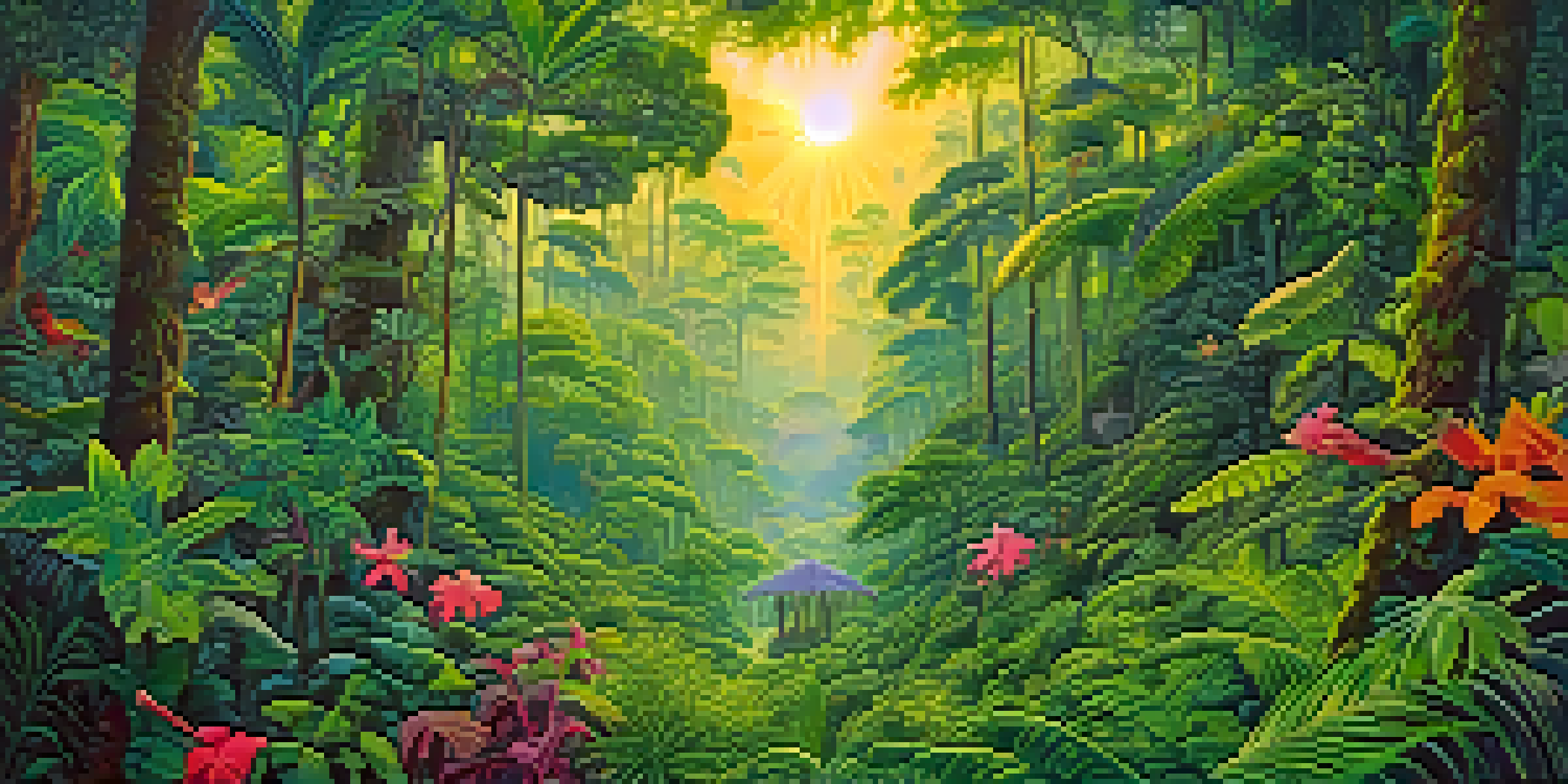 A surreal landscape with an artist painting in the Amazon rainforest, surrounded by vibrant plants and colorful swirling patterns inspired by Ayahuasca experiences.