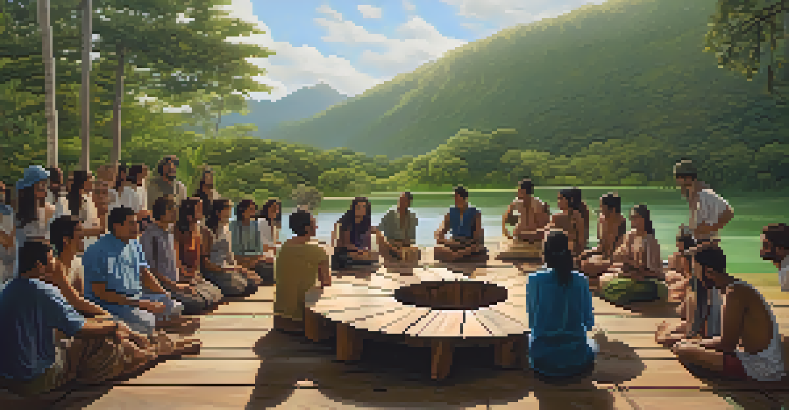 A panoramic view of people talking and sharing experiences after an Ayahuasca ceremony on a wooden platform in a natural setting.