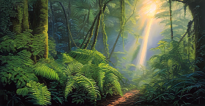 A peaceful scene of an Amazon rainforest at dawn with mist, featuring the Banisteriopsis caapi vine and tropical plants, illuminated by soft sunlight.