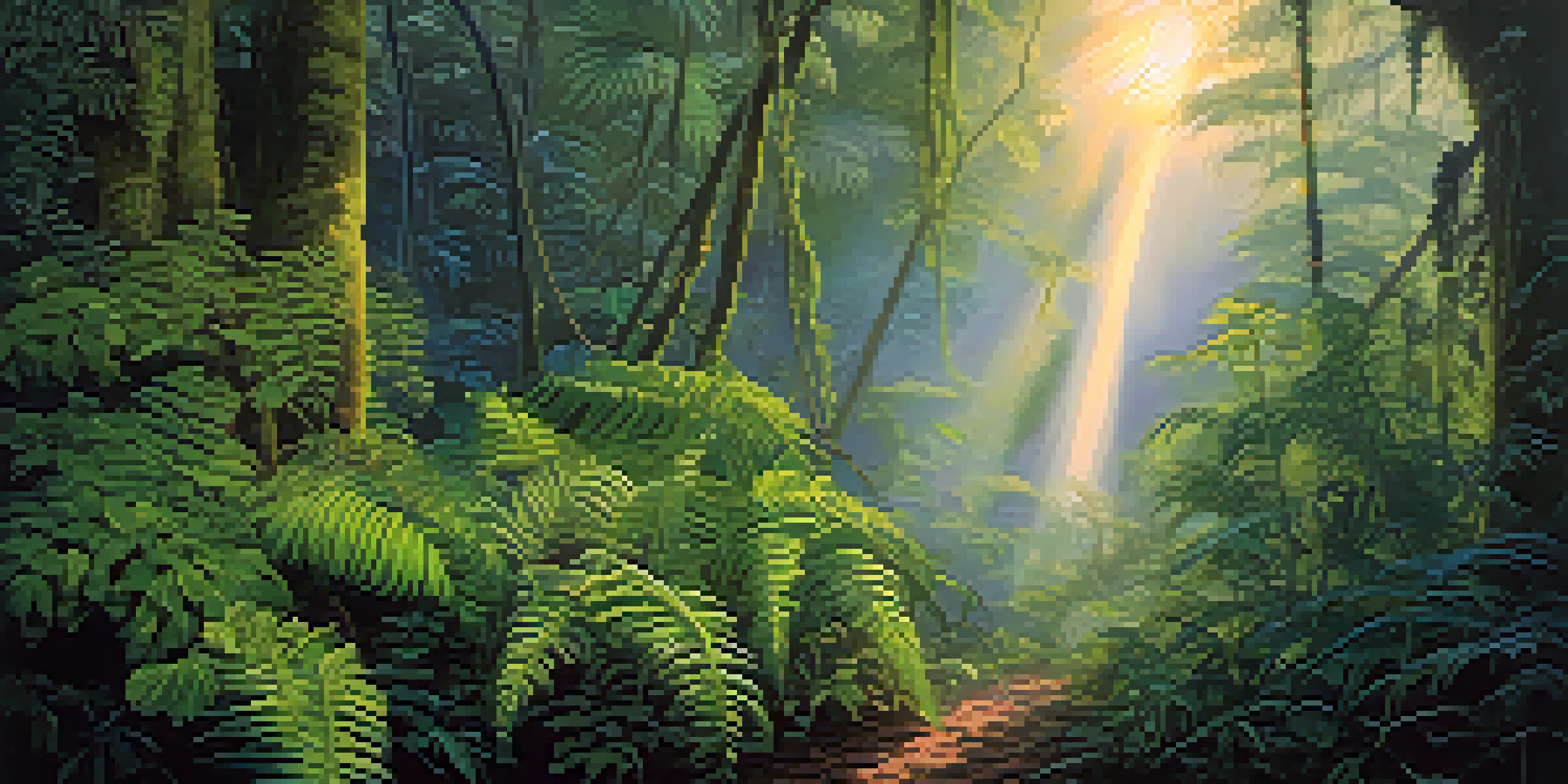 A peaceful scene of an Amazon rainforest at dawn with mist, featuring the Banisteriopsis caapi vine and tropical plants, illuminated by soft sunlight.