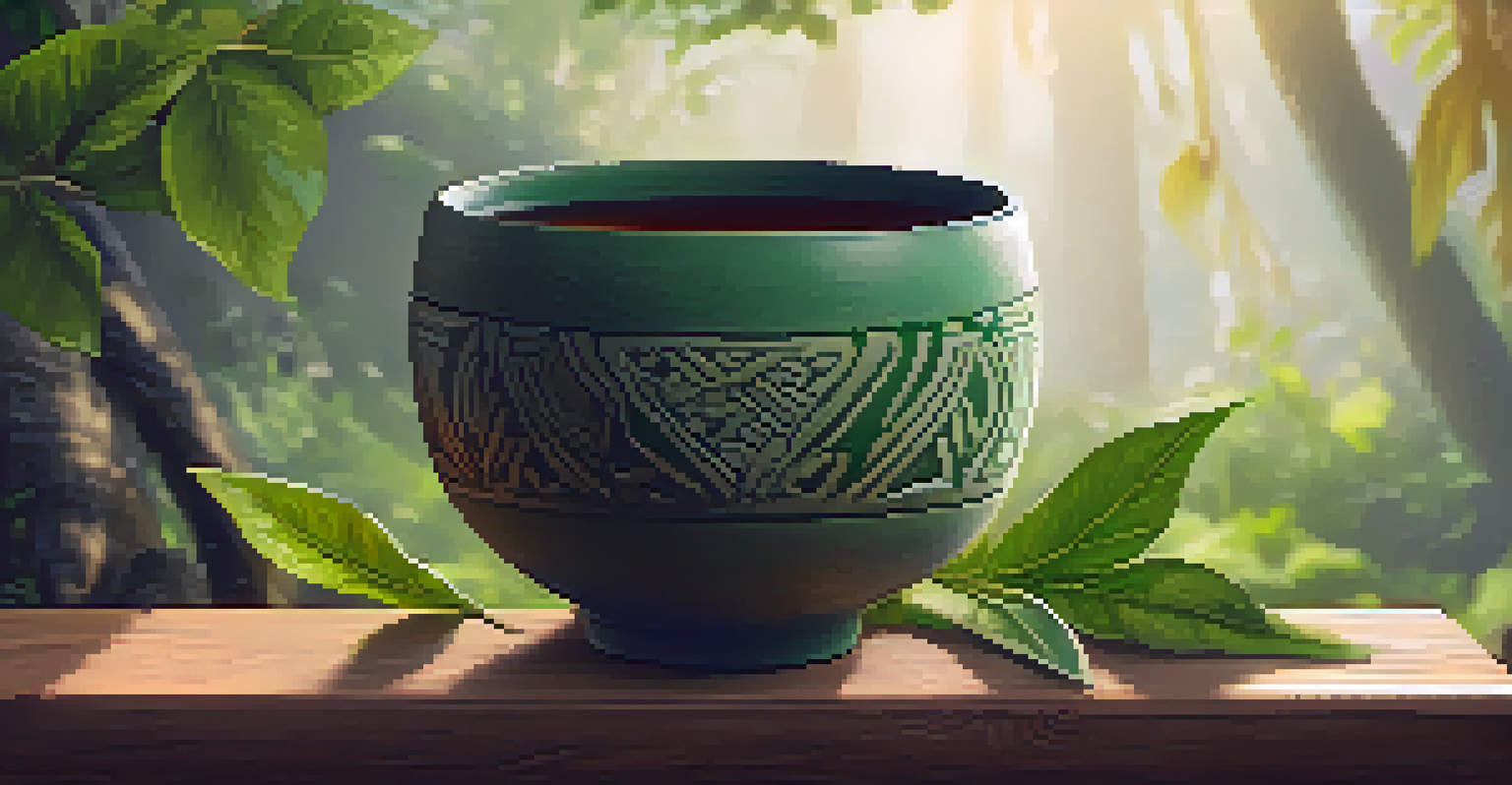 A close-up view of Ayahuasca brew in a clay cup on a wooden table, surrounded by lush green leaves and soft lighting.