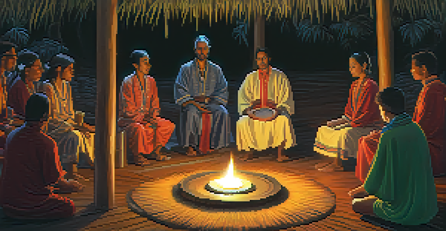A gathering in a traditional maloca for an Ayahuasca ceremony, featuring participants in a circle and a shaman leading the experience with warm candlelight.