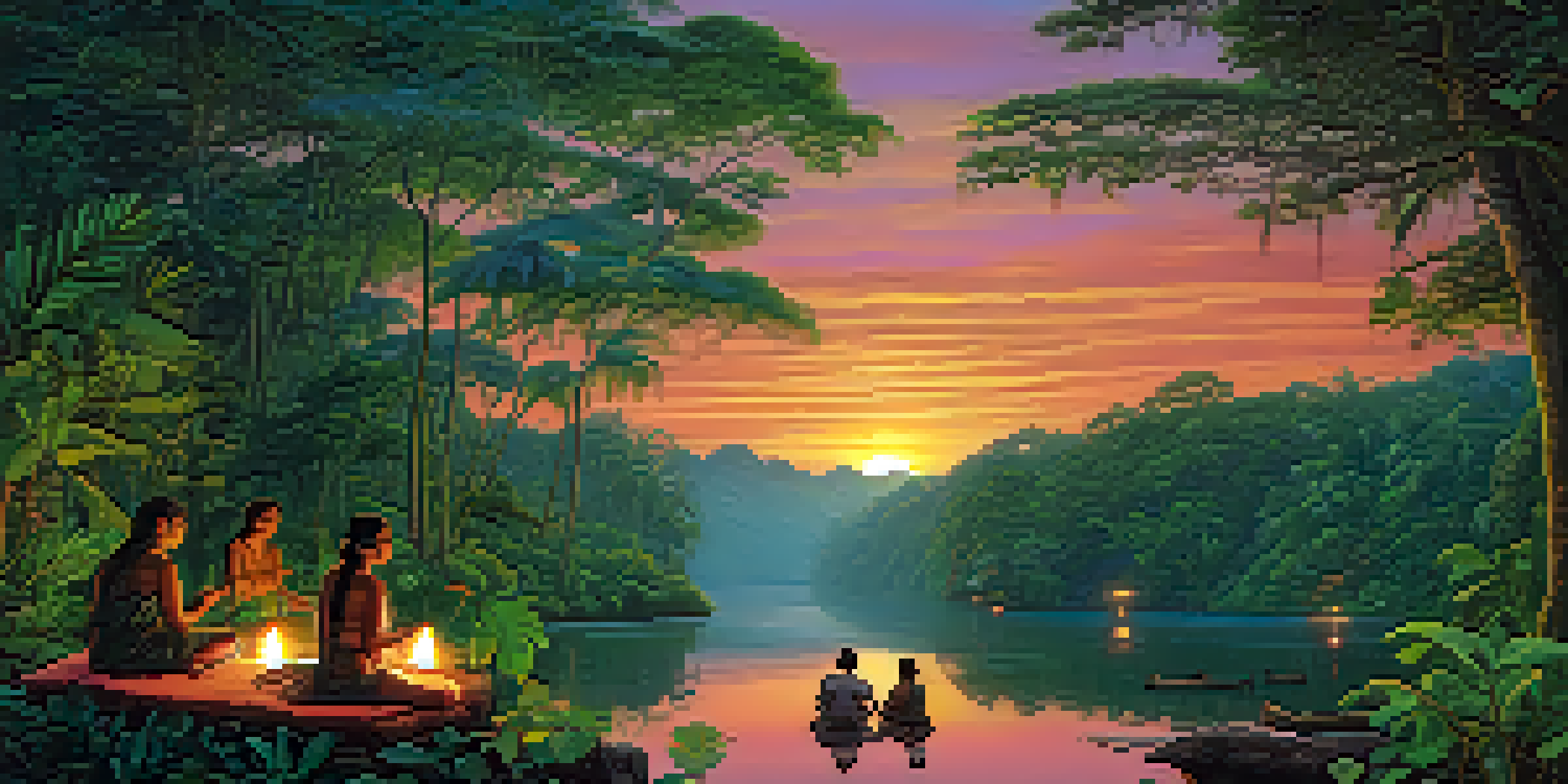 A tranquil Amazon rainforest at dusk with a group of people participating in an Ayahuasca ceremony, surrounded by nature and candles.