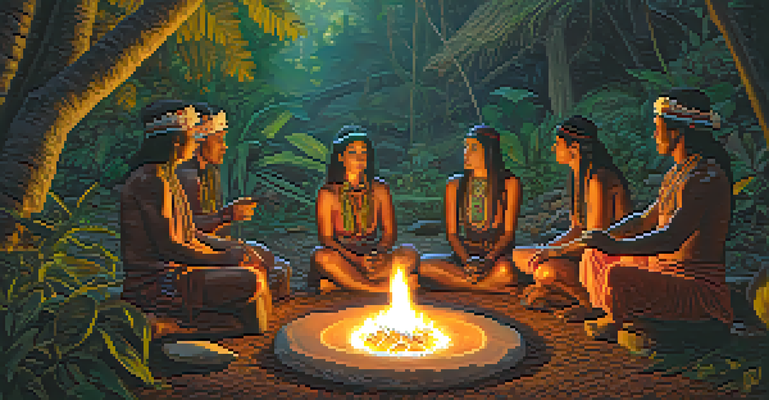 A group in an Ayahuasca ceremony, with a shaman preparing the brew around a fire in a tranquil setting.