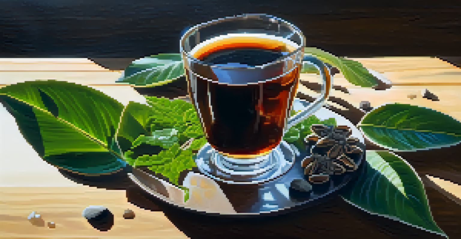 A close-up view of a glass cup containing ayahuasca brew on a wooden table, surrounded by natural elements.