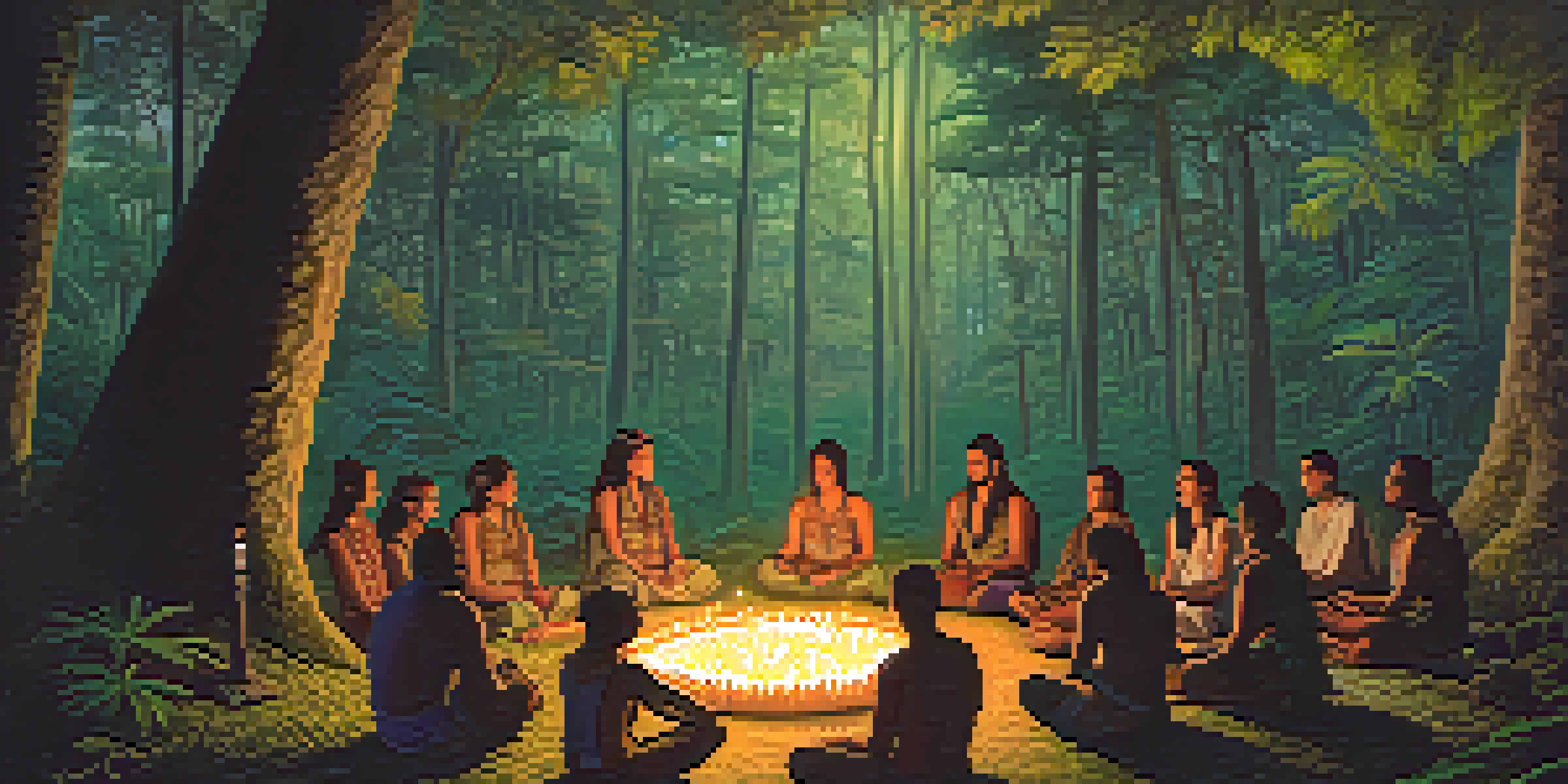 A peaceful ayahuasca ceremony in an Amazonian forest, with participants sitting in a circle surrounded by lush greenery and warm lantern light.