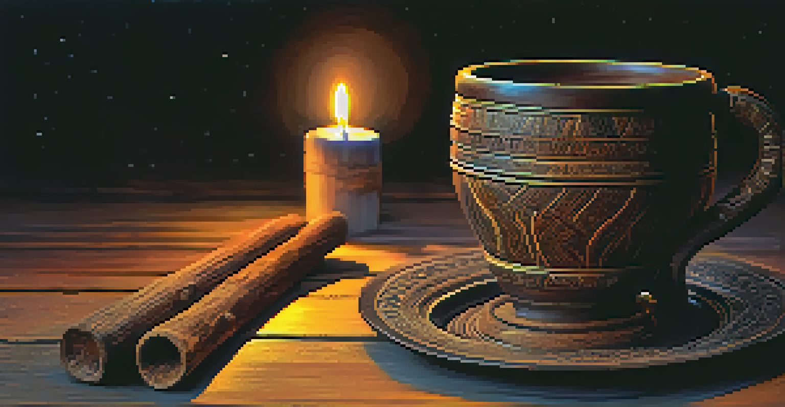 A hand holding a wooden cup of Ayahuasca brew, with steam rising, set against a softly blurred candle-lit background.