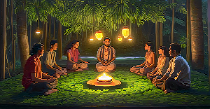 A peaceful ayahuasca ceremony with participants sitting in a circle among greenery and soft lighting.