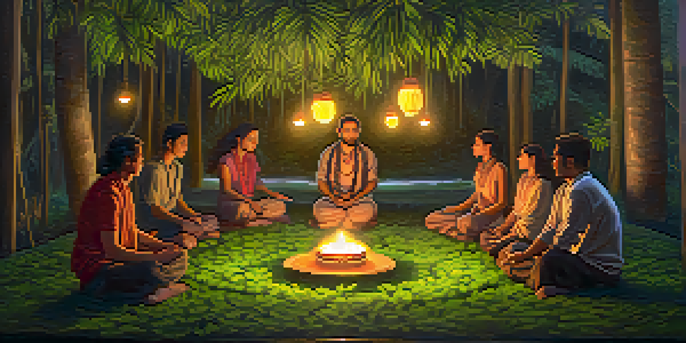 A peaceful ayahuasca ceremony with participants sitting in a circle among greenery and soft lighting.