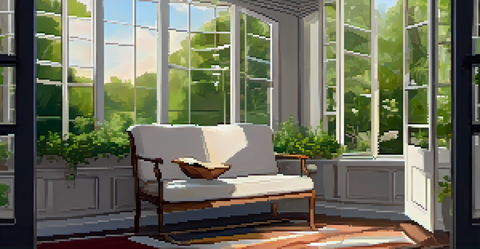 A cozy reflection space with cushions, a journal, and a view of a garden, illuminated by warm light.