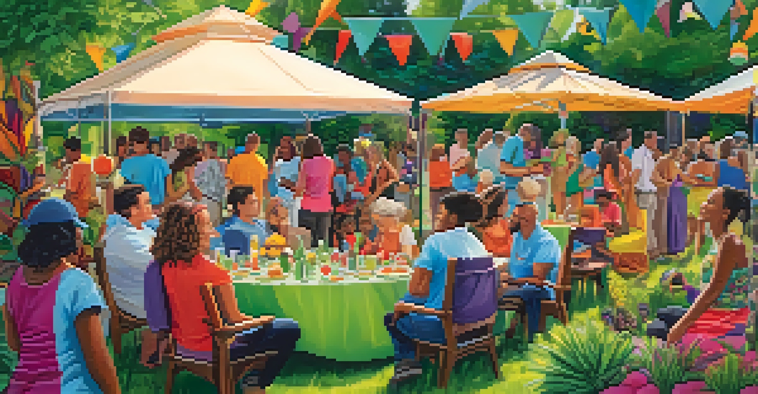 A joyful community gathering in an outdoor setting with people embracing and sharing experiences.