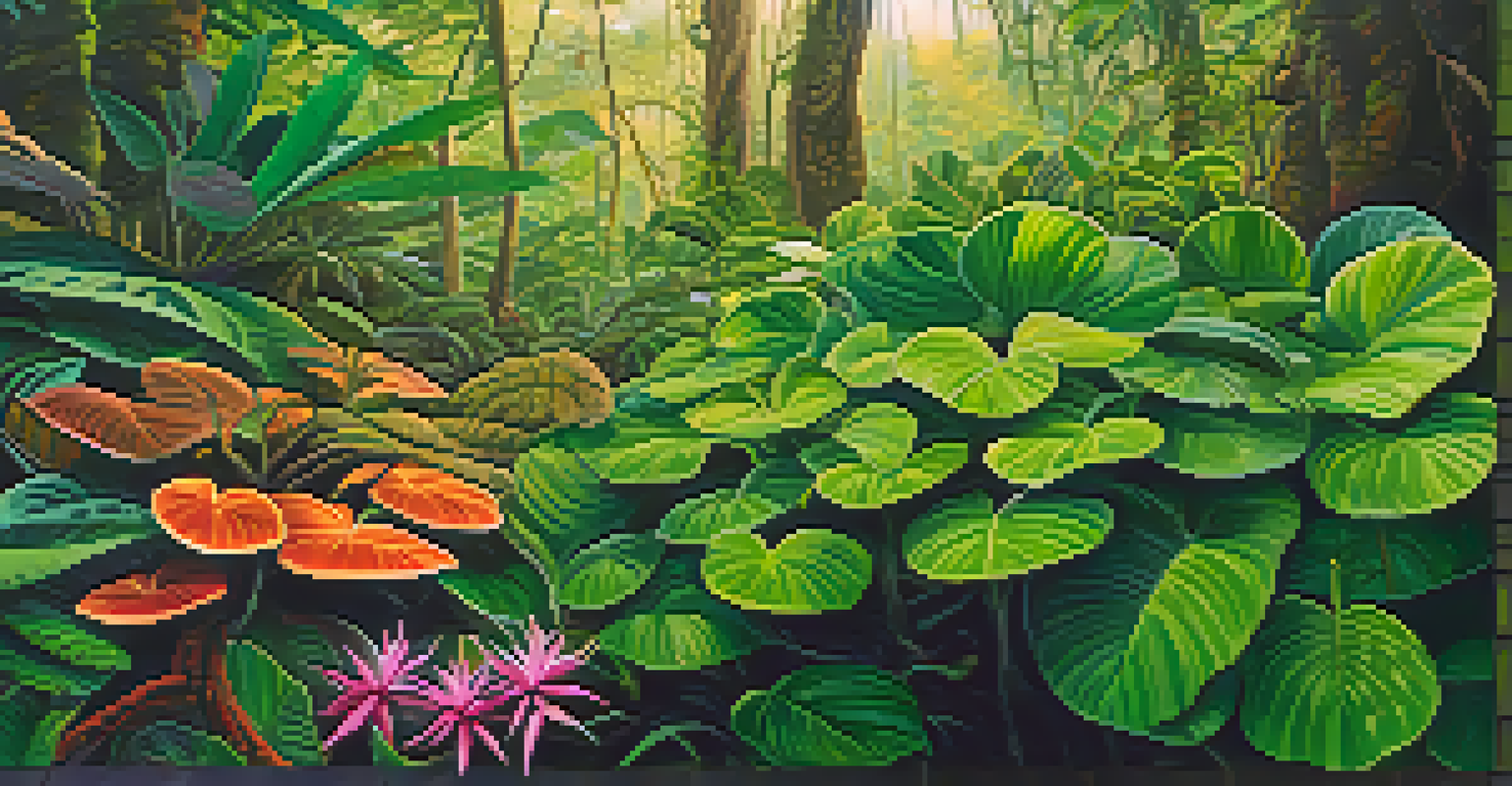 A close-up view of ayahuasca plants displaying detailed leaf patterns, set against a blurred Amazon rainforest background with vibrant flower colors.