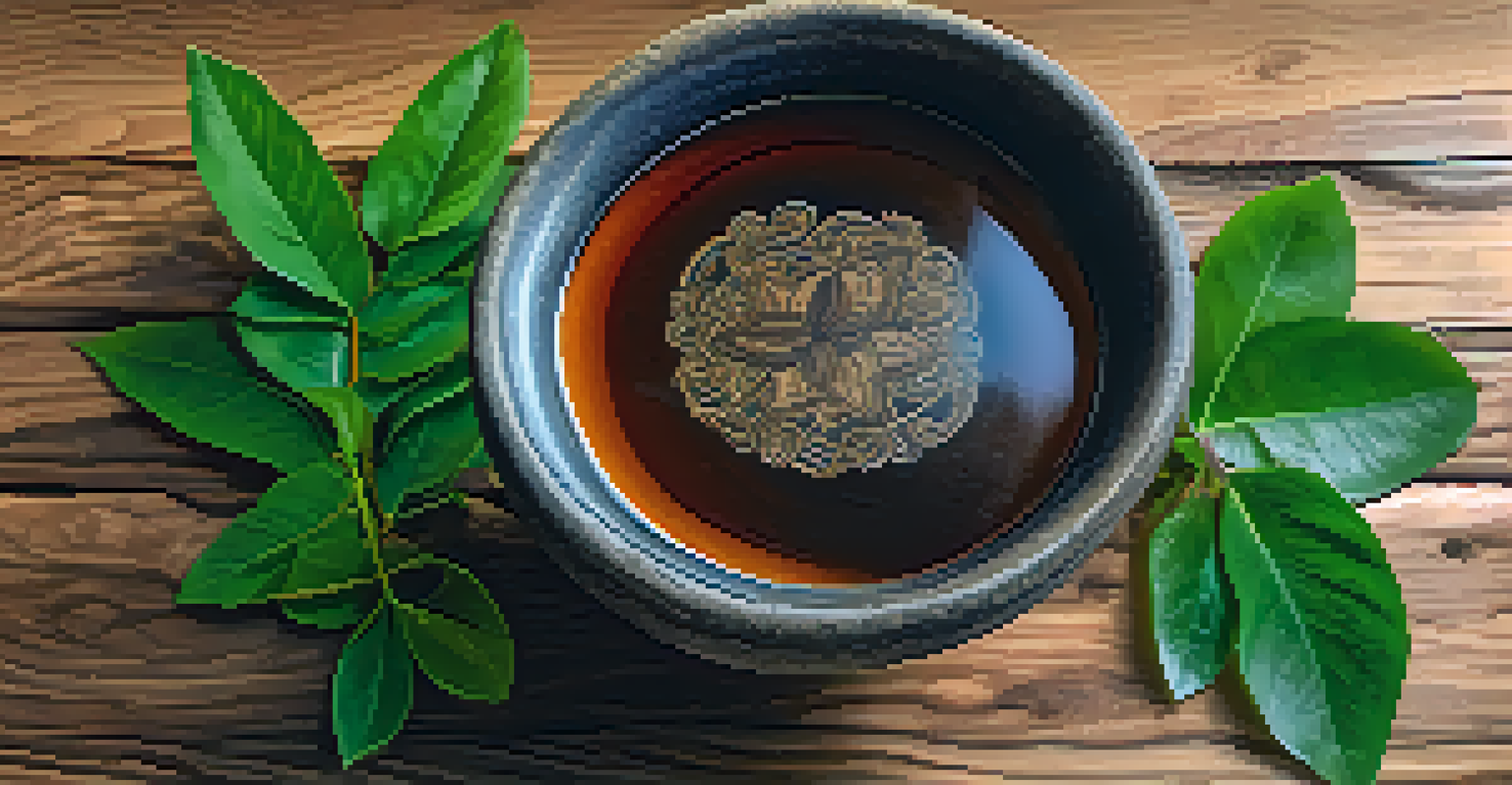 A close-up view of an Ayahuasca brew in a ceramic cup, featuring steam and fresh leaves from the plants used to make the brew, displayed on a wooden table.