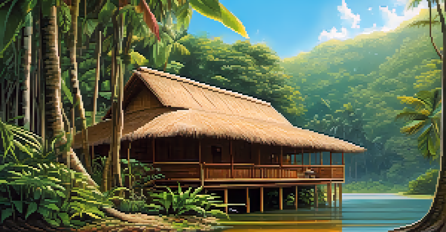 A peaceful retreat center in the Amazon jungle with wooden structures and tropical plants, under a clear blue sky with sunlight filtering through the leaves.