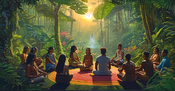 A group of diverse individuals seated in a circle in an Amazon rainforest during a traditional Ayahuasca ceremony, surrounded by lush greenery and vibrant flowers.